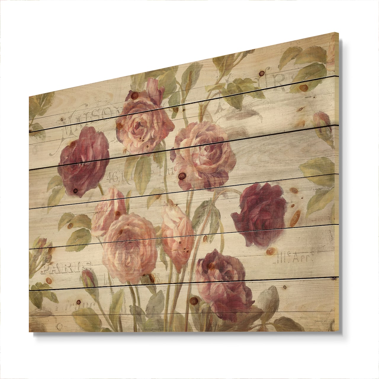 Designart - French Roses I - Farmhouse Print on Natural Pine Wood